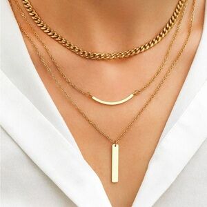 Gold Plated Stainless Steel Bar Chain 1pc Multi Layered Necklace